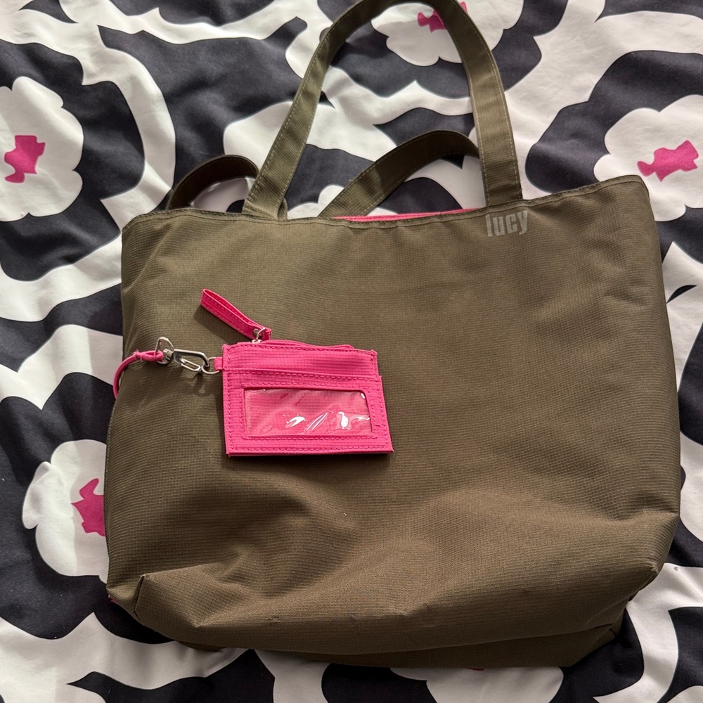 Lucy Khaki Tote Bag with Bright Pink Details